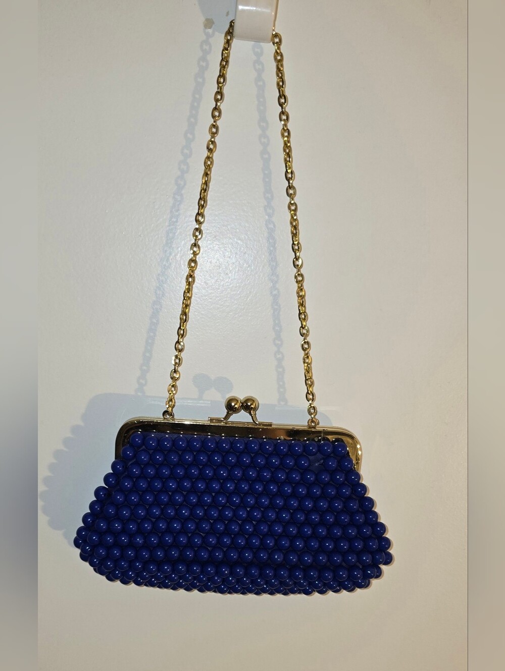 Blue Beaded Frame Clutch with Gold Chain